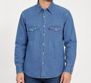 Real Ranch Shirt Mens XL Blue Western Pearl Snap Denim Cotton Pockets Classic